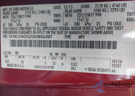 2016 Ford Escape Se из США, поврежденный, VIN 1FMCU9GX2GUB92397